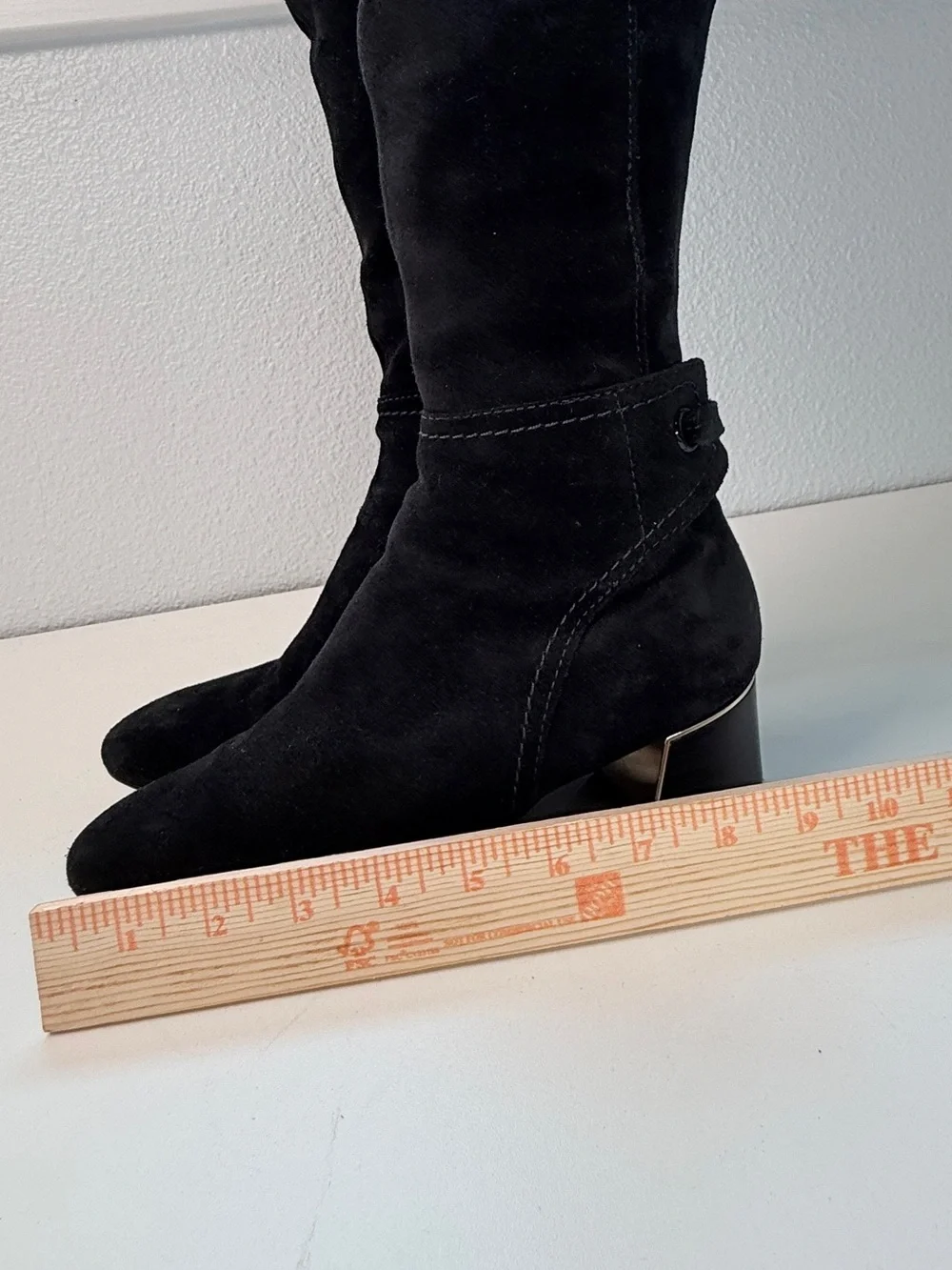 Tory Burch Black Suede leather Over The Knee Boots Gold Logo Block Heel 7.5